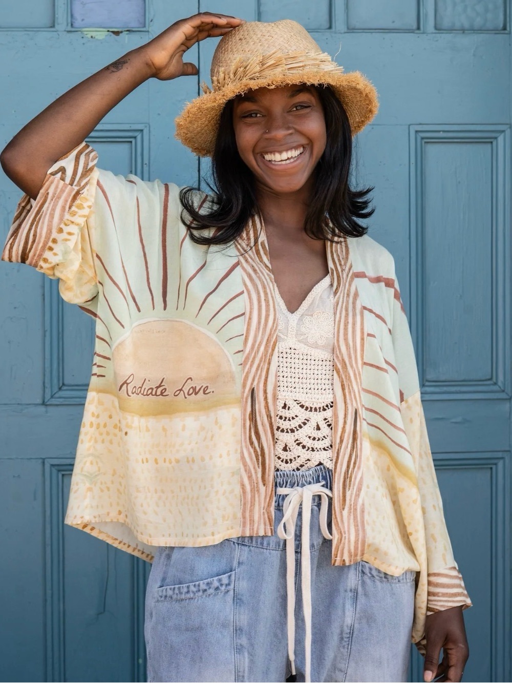 Market of Stars Radiate Love Print Open Front Kimono Top-Yellow, Tans, Mint